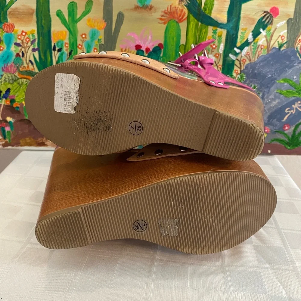 Chinese Laundry, Jungle Gym, Leather Platform Wedge Sandals, Pink/Tan, W Size 7 - Picture 15 of 16